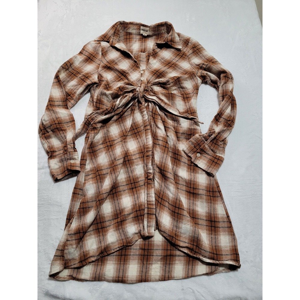 Peach Love Plaid Shirt Dress Womens Medium Brown Tie Front Boho Western